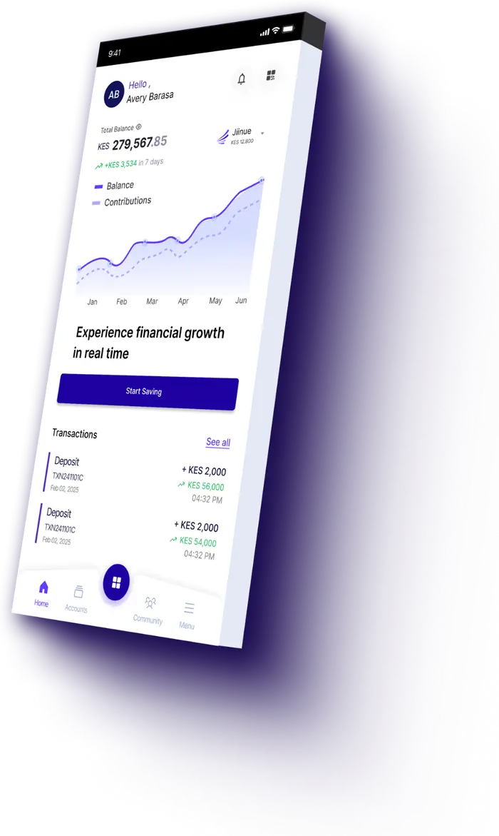 Jiinue mobile app showing a dashboard with KES balance, growth chart, and recent transactions