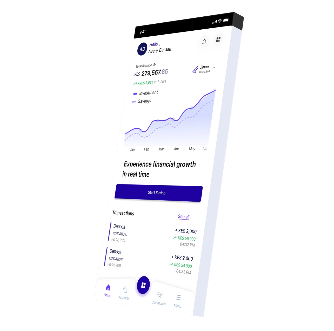 Jiinue app screenshot showing savings and investment dashboard